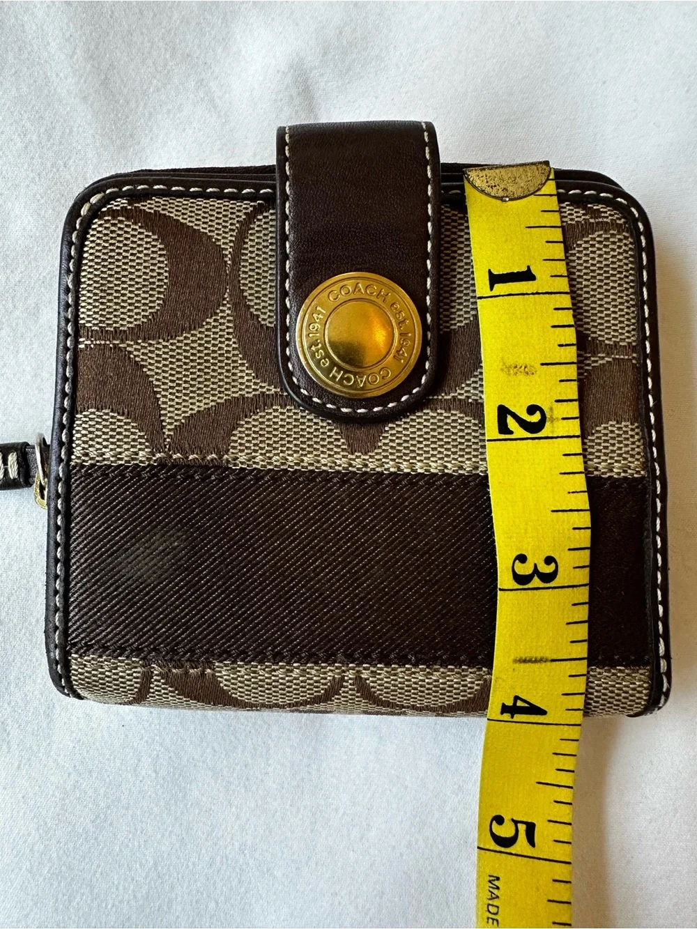 Coach Signature Stripe Bifold Wallet Brown Khaki Canvas Leather Snap Zip Wallet